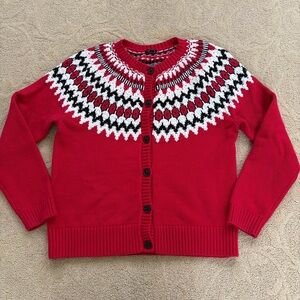 Talbots Red Black and White Striped Yoke Sweater